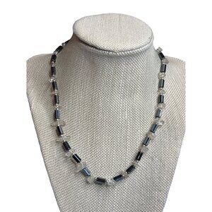 Hematite Clear Quartz Chip Beaded Necklace Silvertone Spacer Beads Barrel Clasp
